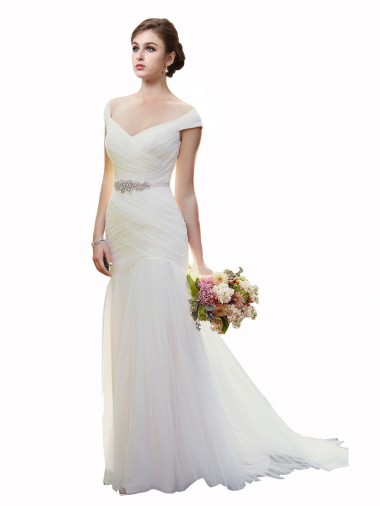 Shop Cap Sleeves Off the Shoulder Ruched Mermaid Tulle Beach Wedding Dress Toronto