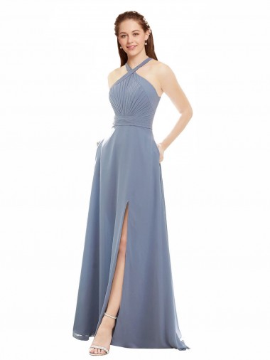 Shop High Neck Chiffon Bridesmaid Dress with Draped Bodice & Pockets Toronto