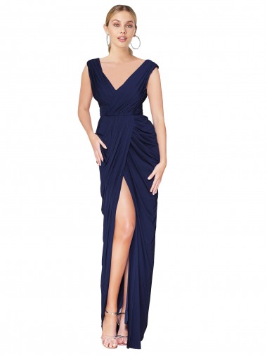 Shop Draped V-Neck Long Chiffon Bridesmaid Dress / Formal Prom Dress with Front Slit Toronto