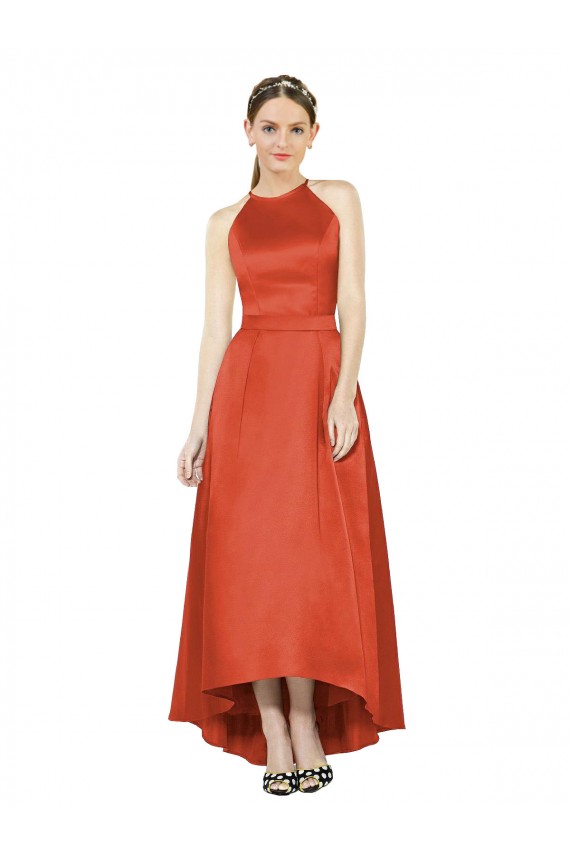 Shop Full Length Halter Satin Bridesmaid Dress with Hi-Low Hem Detail Toronto