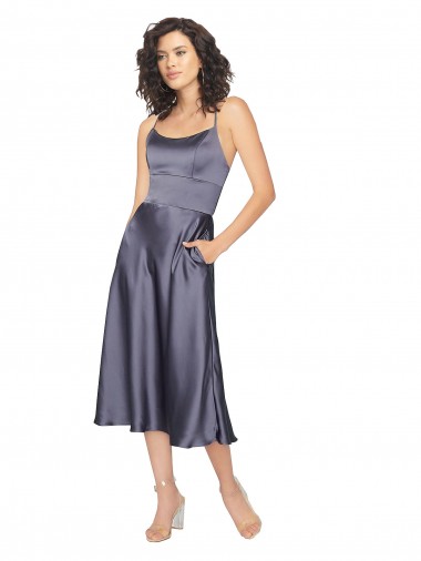 Shop Midi Cocktail Length Silky Satin Bridesmaid Dress / Prom Dress with Open Tied Back & Pockets Toronto