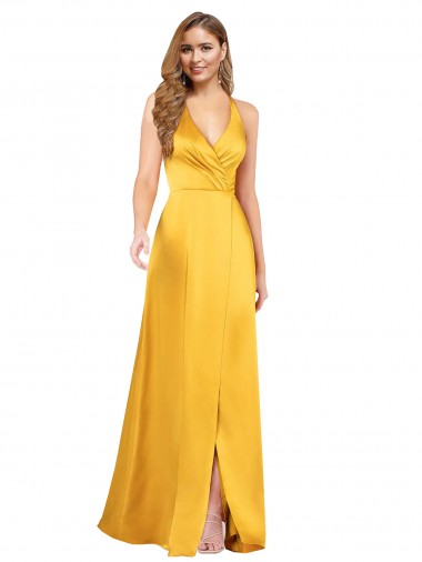 Shop Halter A-Line Formal Silky Satin Bridesmaid Dress / Prom Dress with V-Neckline and Slit Toronto