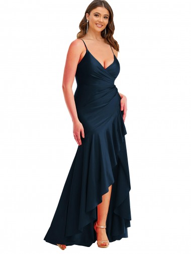 Shop Pleated Wrap Ruffled High Low Formal Silky Satin Bridesmaid Dress / Prom Dress Toronto