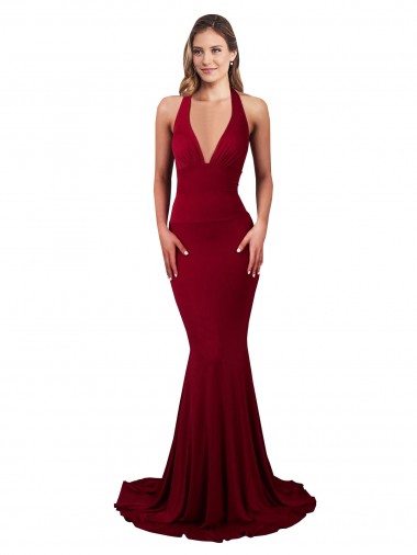 Shop Halter Mermaid Plunge V-Neckline Open Back Bow Tie Formal Spandex Bridesmaid Dress / Prom Dress Toronto