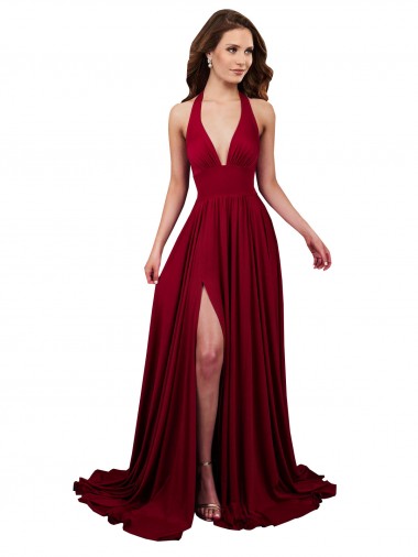 Shop A-Line Halter Plunge V-Neckline Open Back Formal Spandex Bridesmaid Dress / Prom Dress with Slit Toronto