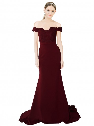 Shop Full Length Off the Shoulder Formal Crepe Bridesmaid Dress / Prom Dress with Lace On Bodice and Back Toronto