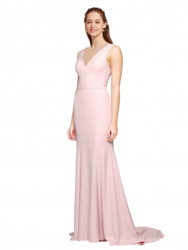 Shop Deep V-Neckline and Back Long Sweep Train Crepe Bridesmaid Dress / Prom Dress with Shoulder Straps Toronto