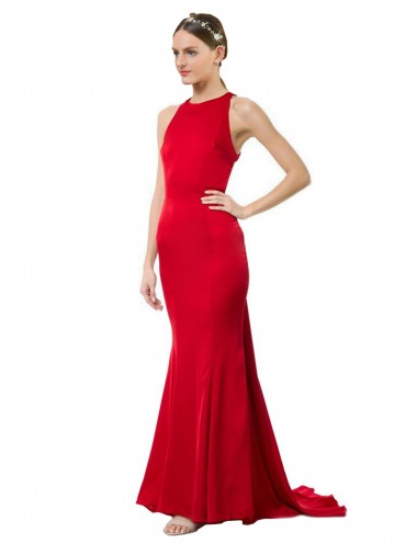 Shop High Neck Mermaid Open Back Formal Crepe Maxi Bridesmaid Dress / Prom Dress with Train Detail Toronto