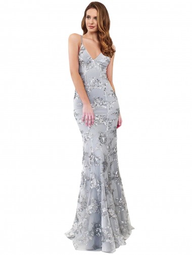 Shop Silver V-Neckline Backless Floral Patterned Sequin Formal Bridesmaid Dress / Prom Dress Toronto