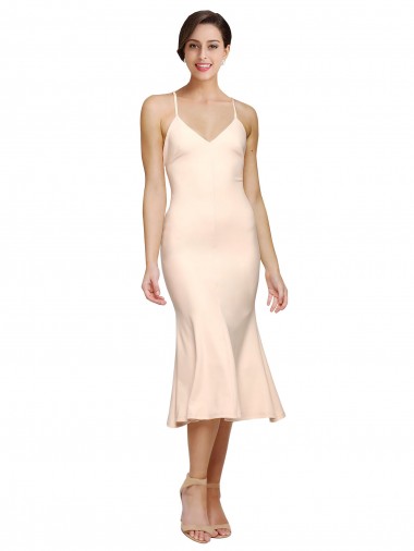 Shop Midi Cocktail Length V-Neckline Crepe Bridesmaid Dress / Prom Dress with Thin Straps and Fulted Skirt Toronto
