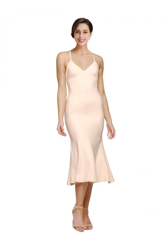 Shop Midi Cocktail Length V-Neckline Crepe Bridesmaid Dress / Prom Dress with Thin Straps and Fulted Skirt Toronto