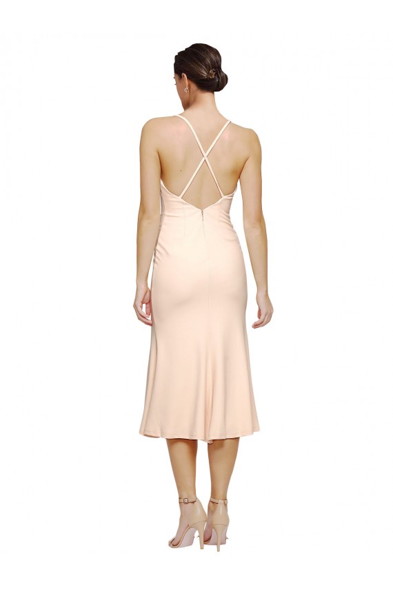 Shop Midi Cocktail Length V-Neckline Crepe Bridesmaid Dress / Prom Dress with Thin Straps and Fulted Skirt Toronto