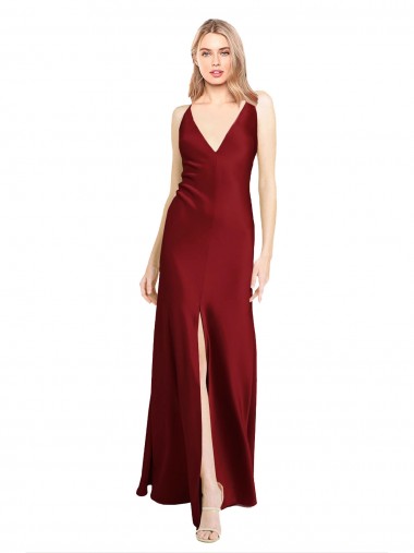 Shop Floor Length Deep V-Back Formal Stretch Satin Bridesmaid Dress / Prom Dress with Front Slit Toronto