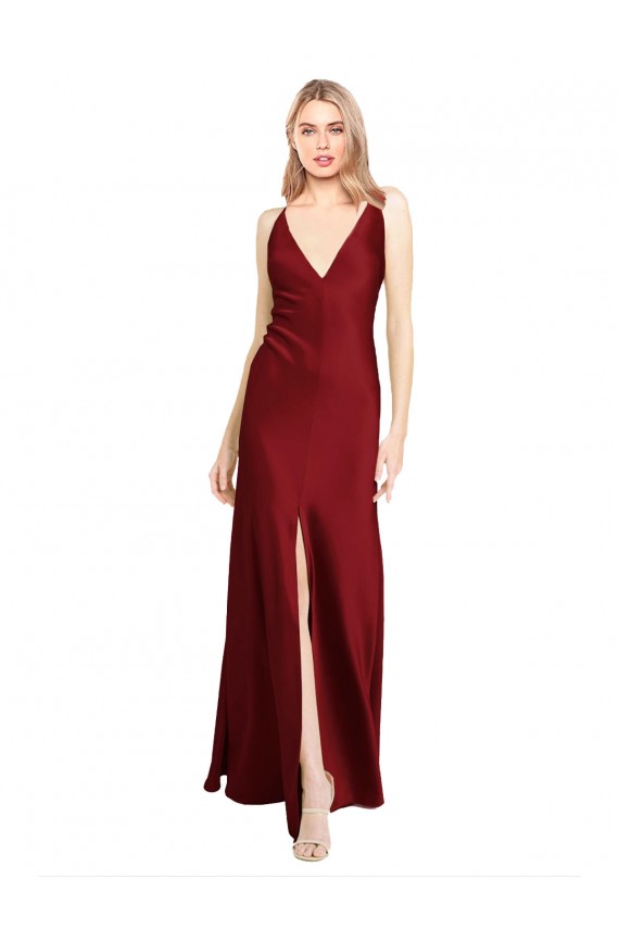 Shop Floor Length Deep V-Back Formal Stretch Satin Bridesmaid Dress / Prom Dress with Front Slit Toronto