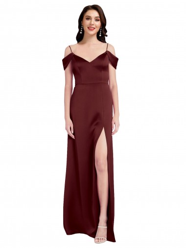 Shop Draped Off the Shoulder Sleeves Slim A-Line Formal Stretch Satin Bridesmaid Dress / Prom Dress with Side Slit Toronto