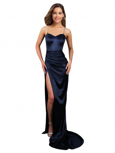 Shop Pleated Sash Skirt Long Formal Stretch Satin Bridesmaid Dress / Prom Dress with High Slit Toronto
