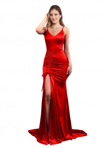 Shop Long Pleated Formal Stretch Satin Bridesmaid Dress / Prom Dress with High Slit Toronto