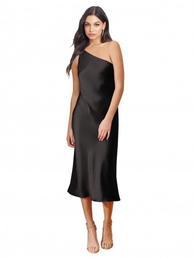 Shop Sleek One Shoulder Midi Length Short Cocktail Formal Stretch Satin Slip Bridesmaid Dress / Prom Dress Toronto