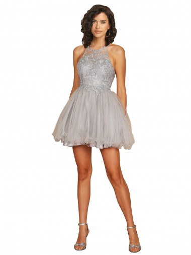 Shop Halter Neckline Criss Cross Back Short Cocktail Dress with Beaded Lace Bodice Toronto