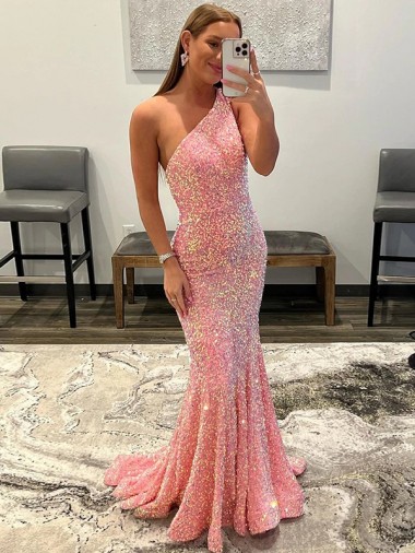 Shop Open Back One Shoulder Sleeveless Long Sweep Train Velvet Sequin Prom Dress Toronto