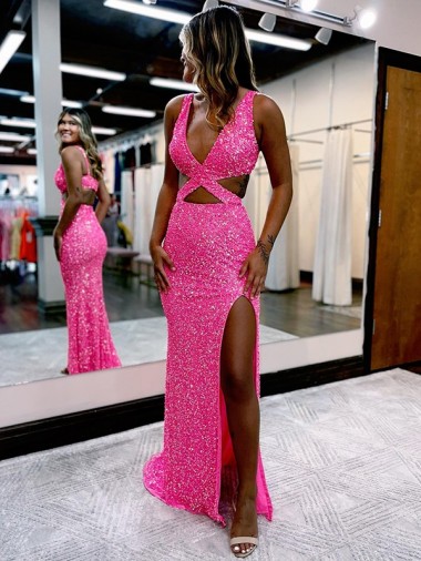 Shop Long V-Neck Sleeveless Sweep Train Velvet Sequin Prom Dress with High Slit Toronto