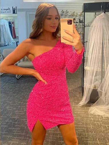 Shop Short Velvet Sequin One Shoulder Long Sleeves Prom Dress Toronto