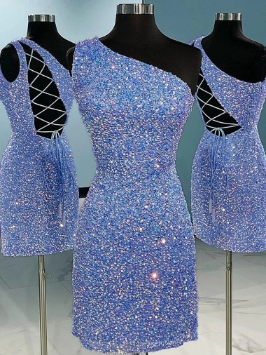 Shop Short Velvet Sequin One Shoulder Sleeveless Prom Dress Toronto