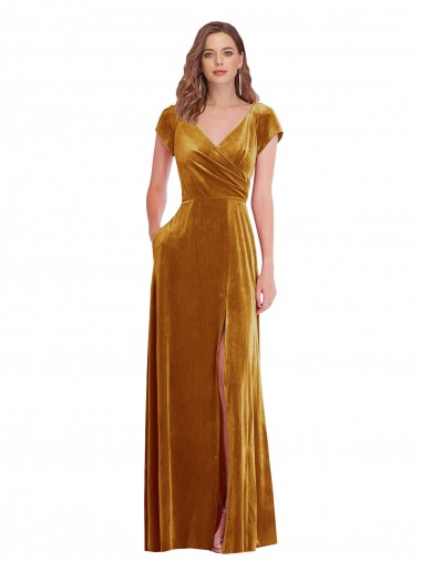 Shop Cap Sleeve Faux Wrap Formal Velvet Maxi Bridesmaid Dress / Prom Dress with Pockets Toronto