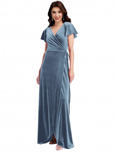 Shop Flutter Sleeve Velvet Wrap Maxi Bridesmaid Dress / Prom Dress with Pockets Toronto