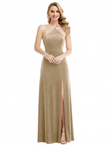 Shop High Neck Halter Open Back Long Velvet Maxi Bridesmaid Dress / Prom Dress & Pockets Toronto